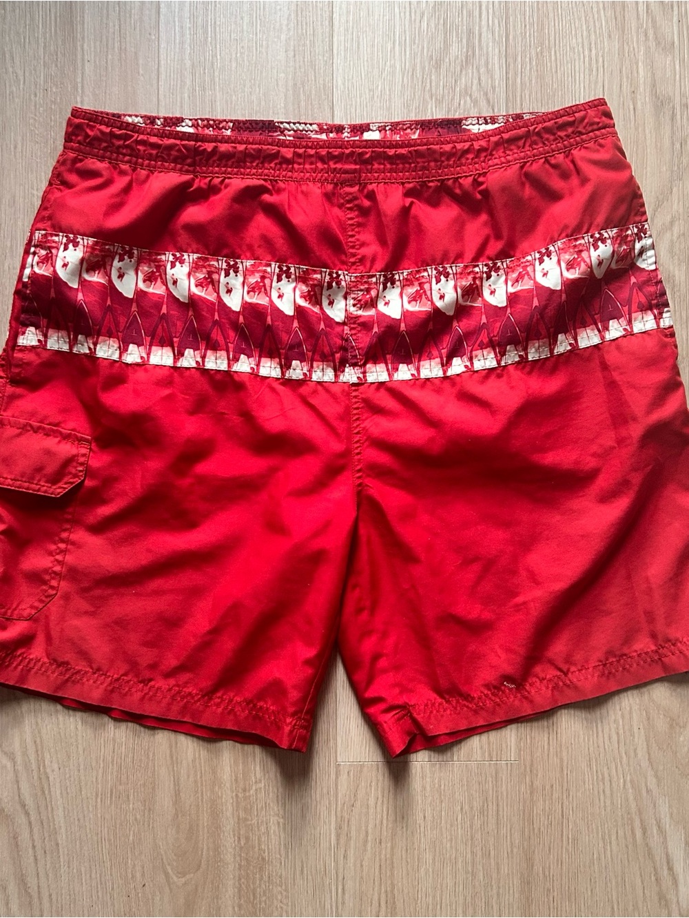 Men's Red Swim Shorts with Patterned Waistband